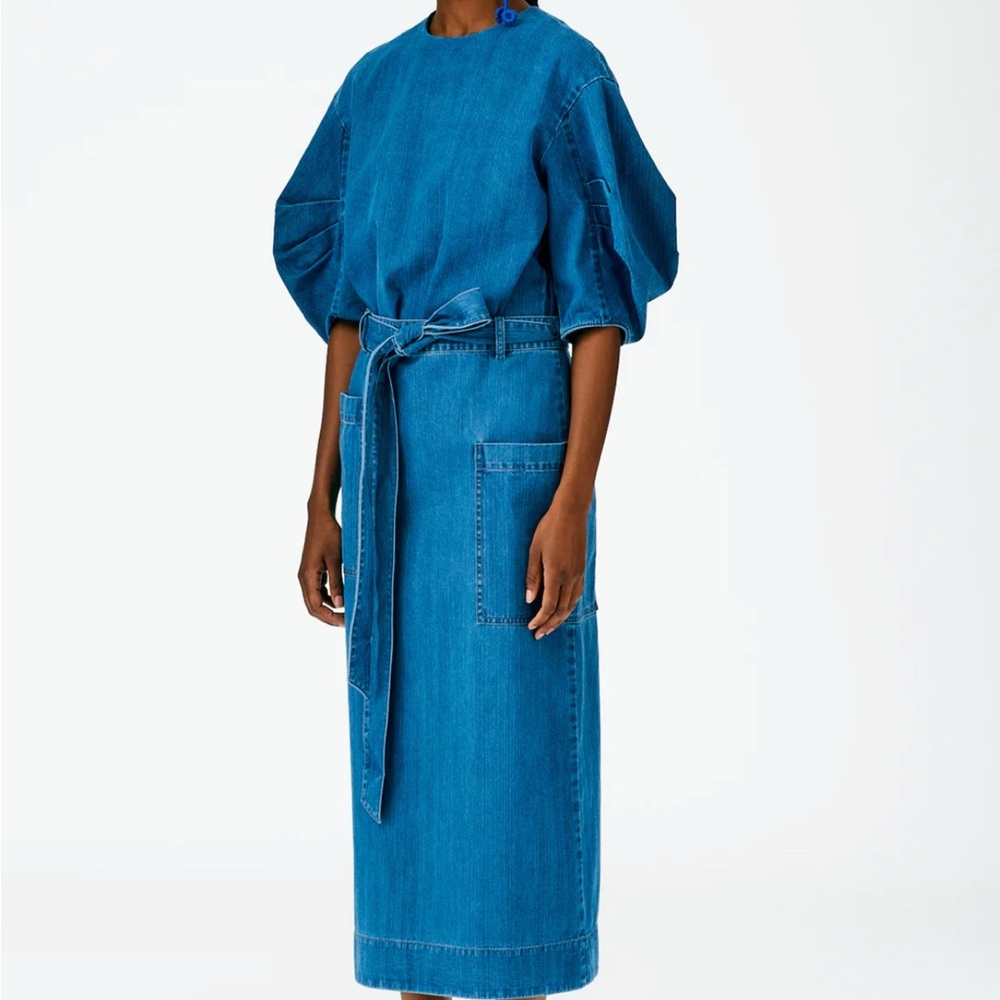 Tibi summer denim lean back wrap skirt, size 10, EUC, $100